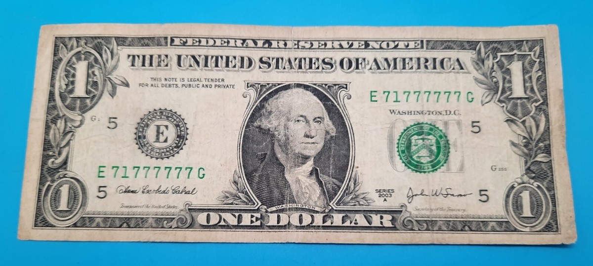 Fancy Serial Number US $1 Dollar Bill 7 OF A KIND Seven 7's 2003
