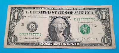Fancy Serial Number US $1 Dollar Bill 7 OF A KIND Seven 7's 2003