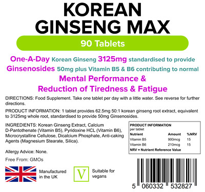 LINDENS Koreanischer Ginseng Max (Panax) 3125 mg 90 Tabletten geistige Leistung Energie UK