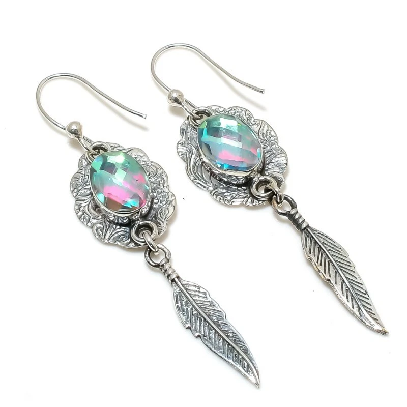 Orecchini In Gemma Mystic Topaz In Argento Sterling 925 Fatti A Mano Per Regali - Immagine 4 di 4