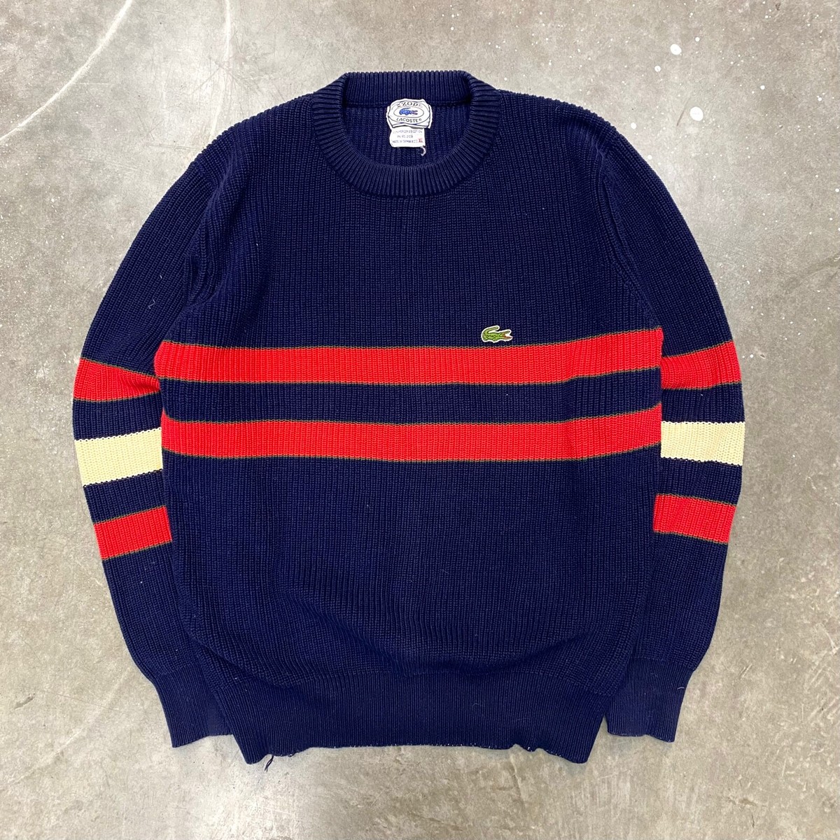 VTG 80s Lacoste Izod Striped Crest Sweater OG Aligator Cable Knit