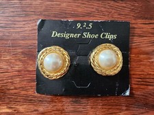 Vintage Designer Shoe Clips Goldtone Faux Pearl Bead Accent Costume Jewelry