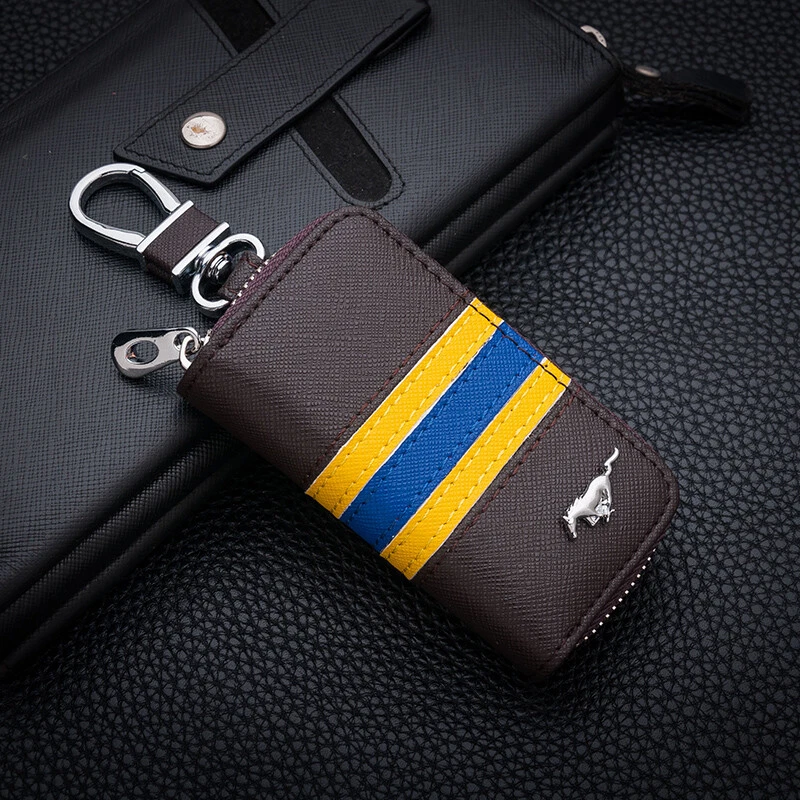 Tricolor Stripe Leather Car Remote Key Chain Holder Case Bag Fit for Mustang - Image 2 of 4