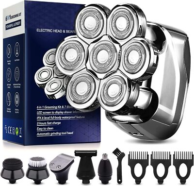 6-in-1 waterproof electric shaver for bald men, Rechargeable cordless face hair