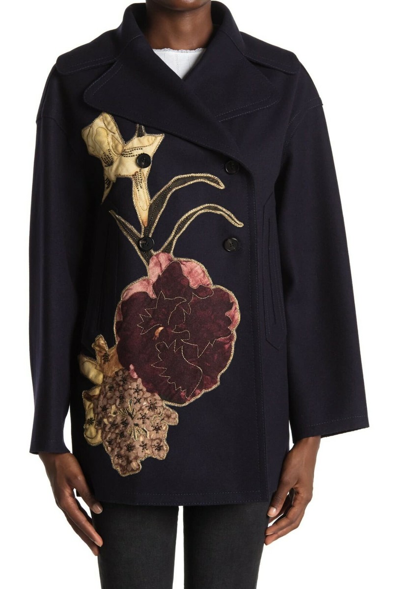 Valentino Caban Navy Floral Embellished Double-Breasted Coat EU 40
