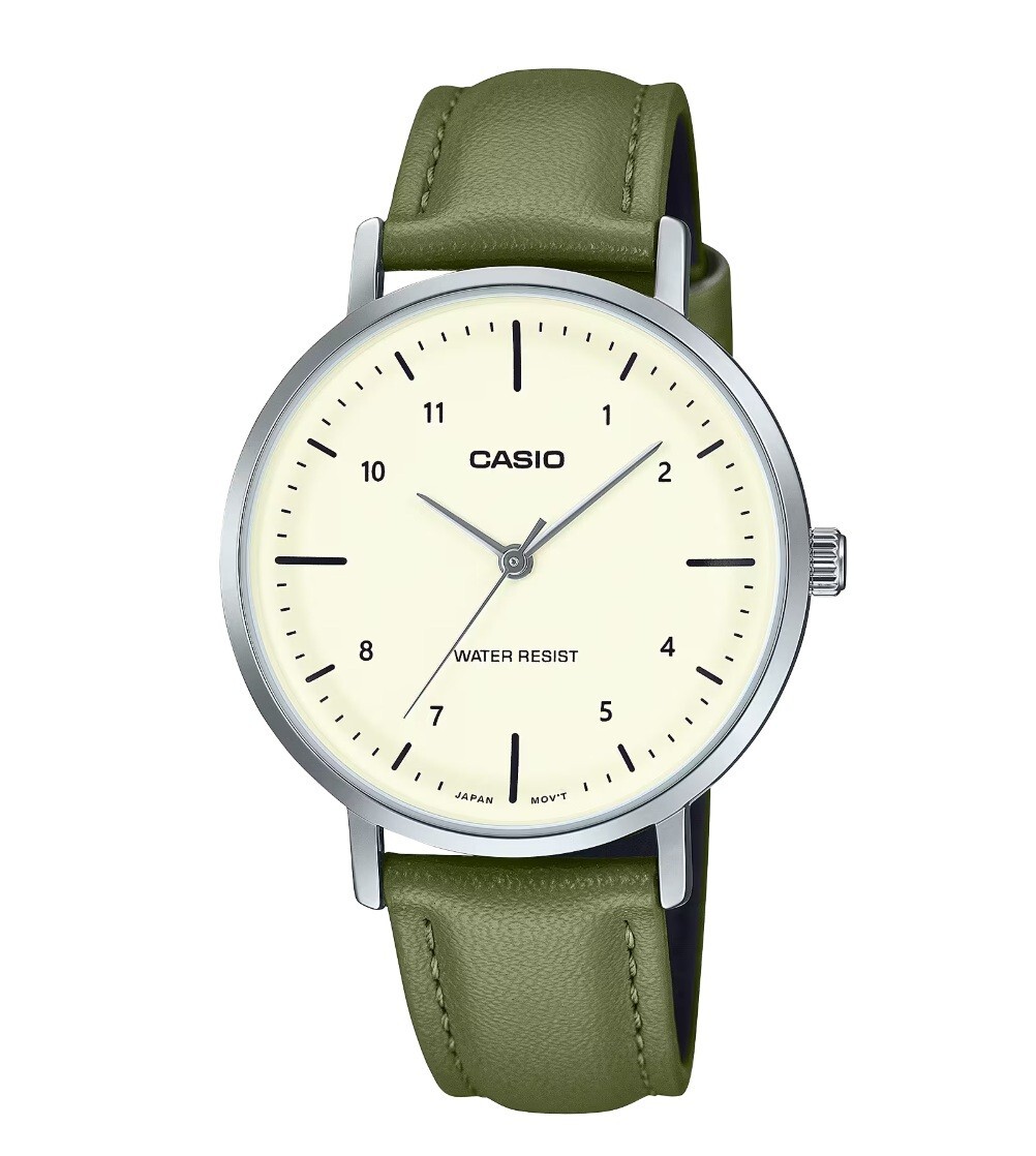Casio LTP-VT03L-3B Green Leather Minimalist Design Quartz Ladies