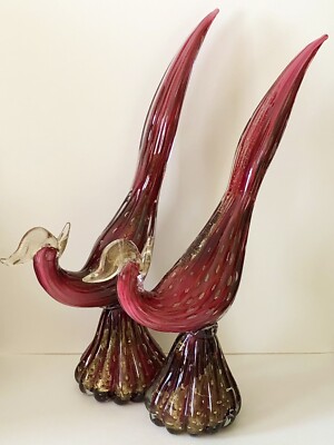 未使用！BARBINI　MURANO　ヴィンテージ　ベネチアンガラス　小物入　赤 PAIR RED MID CENTURY MURANO VENETIAN GLASS PHEASANT PEACOCK BIRD