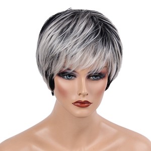 Women Human Hair Wig Short Black Blend White Layered Oblique