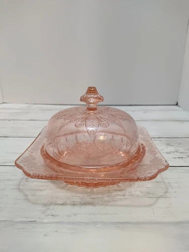 Jeanette Adam Pink Depression Glass Butter Cheese Dish with Cover Lid