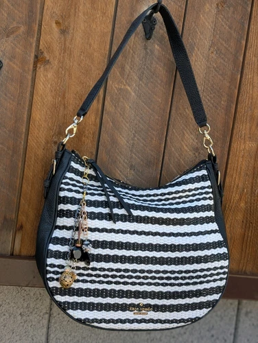 Borsa a tracolla Kate Spade New York Cobble Hill paglia Mylie nera bianca pelle hobo
