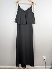 Azazie Dress Womens 6 Black Maxi Formal Gown Adjustable Straps Elegant Overlay