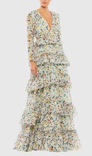 Ieena for Mac Duggal Green Floral Printed Ruffle Long Sleeve Gown Size 6 NWT