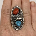 Large Vintage Native American 925 Sterling Silver Turquoise & Coral Ring, Sz 10