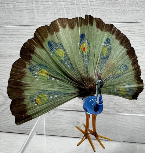 Art Glass Peacock with Spun Tail Vintage Hand Painted 9.5cm