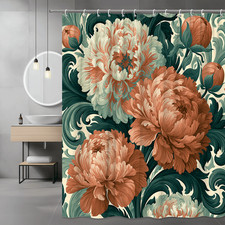 Floral Shower Curtain, Vintage Peony Print, Green and Peach Flowers
