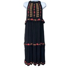 Embroidered Maxi Dress Tea N Rose Womens Size M Black Swiss Dot Long Tiered