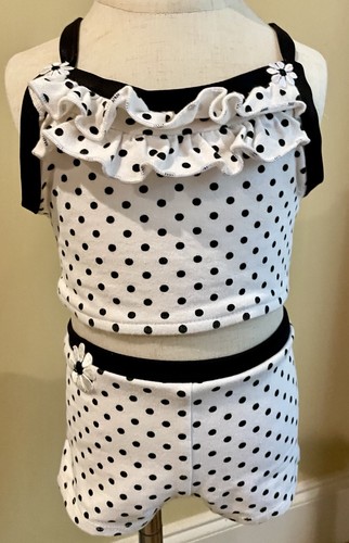 Adorable Vintage Black & White Polka Dot Girls 2 Pc Sz 6 Swimsuit