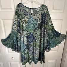 MSK Dress Womens L/XL Boho Tunic 70s Inspired Flowy Retro Bell Sleeve Stretch