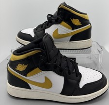 Nike Air Jordan 1 Mid Black White Gold 554725-177 Grade School Size 7Y