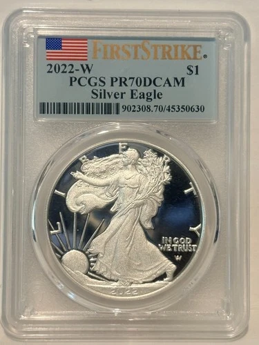 2022-W PROOF AMERICAN SILVER EAGLE PCGS PR70 DCAM FIRST STRIKE FLAG LABEL