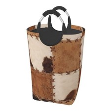 Brown Cow Print Laundry Basket Cowhide Laundry Hamper Animal Collapsible Laun...