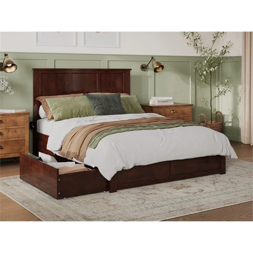 AFI Madison Queen Solid Wood Platform Bed with Storage Drawers in Walnut Foto 2 de 4