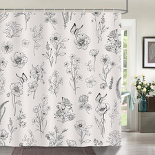 Farmhouse Floral Shower Curtain, Beige Flower Plant Butterfly Spring Rustic Bath