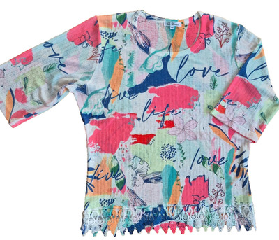 Women m pullover top love life imprinted throughout summer colorful fun crew