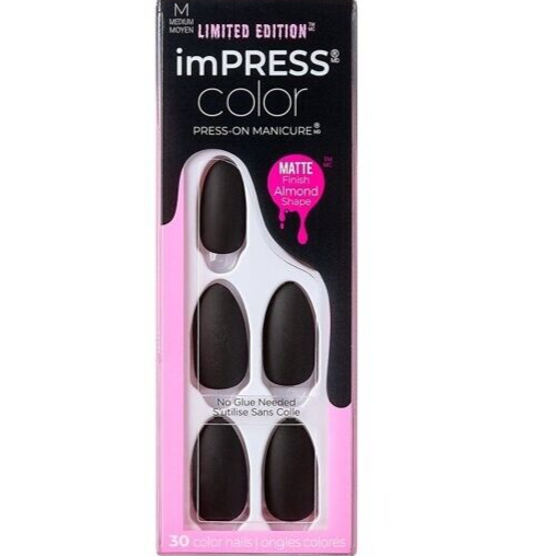 KISS IMPRESS COLOR PRESS-ON NAILS  GEL MANICURE BLACK MEDIUM ALMOND TERROR-IFFIC