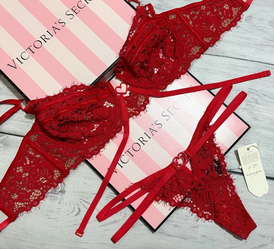 VS by FOR LOVE & LEMONS Rose Lace Heart Underwire Bra Garter Thong Set - Image 3 of 4