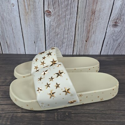 Tory Burch Nappa Leather Embellished Gold Star Slides Women's Sz M Cream  Gold