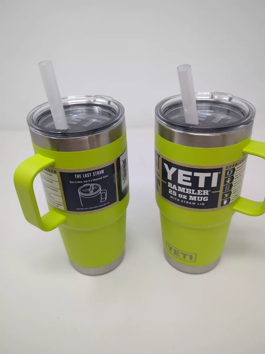 NEW Yeti Rambler 25 oz Mug Chartreuse Straw Lid Rare Set of 2 PAIR