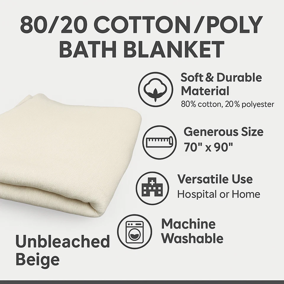 2 mantas de baño/paciente de hospital 70 x 90 pulgadas mezcla de algodón beige sin blanquear Foto 3 de 4