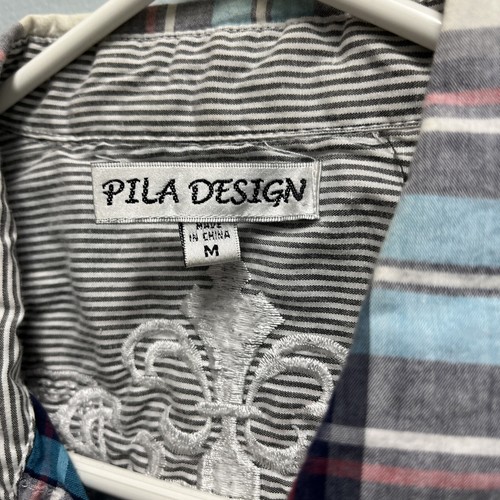 Pila Design Western Size Med Embroidered Plaid Pearl Snaps Long Sleeve - Picture 2 of 6
