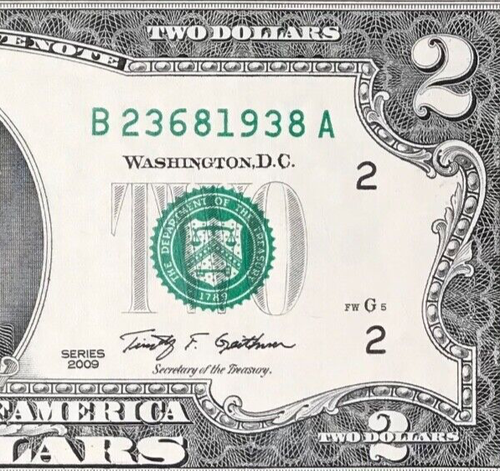 TRAILING YEAR 1938 (B 2368 1938 A) $2 Two Dollar Bill Serial Number 2009 *UNC* - 第 1/3 張圖片