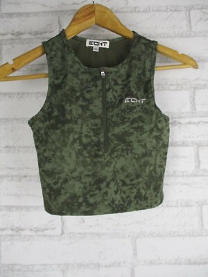 Echt womens crop top xs 8 activewear green print zip front sleeveless 
