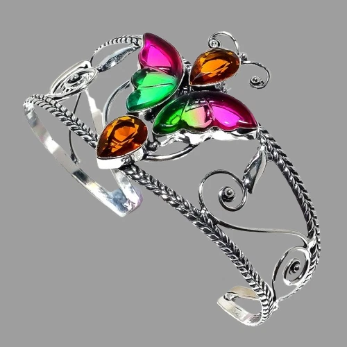 Butterfly Bi-Color Tourmaline,Honey Topaz Gemstone 925 Sterling Silver Cuff B753 - Image 3 of 4
