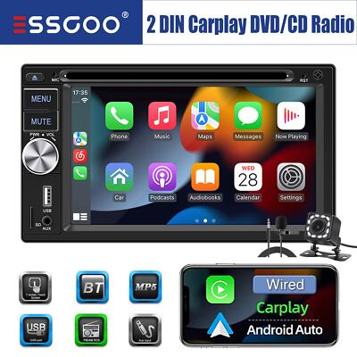 Double 2 DIN Carplay Stereo Android Auto CD DVD Radio Bluetooth AM FM Camera MIC