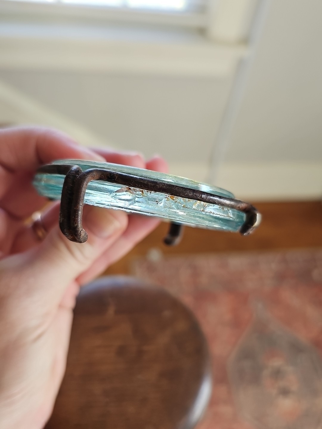 Apple green Cohansey fruit canning jar tall cylinder quart aqua wire lid Mason