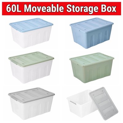 60L Large Storage Box Heavy Duty Plastic Tubs Stackable Lid Organiser ...