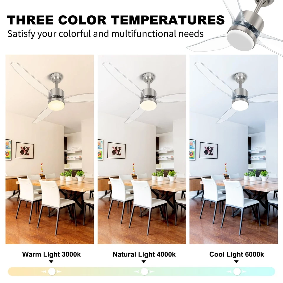 OKELI Clear Ceiling Fan with Light, 52 Inch Brushed Nickel Transparent Ceilin... - Image 3 of 4