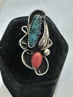 Vintage Navajo Turquoise&Coral Sterling Silver Feather Ring Sz6 4.3gr Fab!