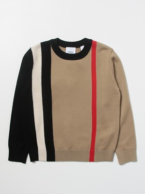 Burberry Kids Beige Logo Striped Long Sleeve Wool Sweater Girls Boys Size 12