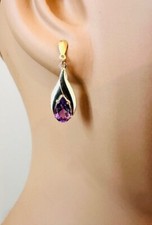 Estate 14K Yellow Gold Pear Shaped Amethyst Drop Dangle Stud Earrings 1.3g