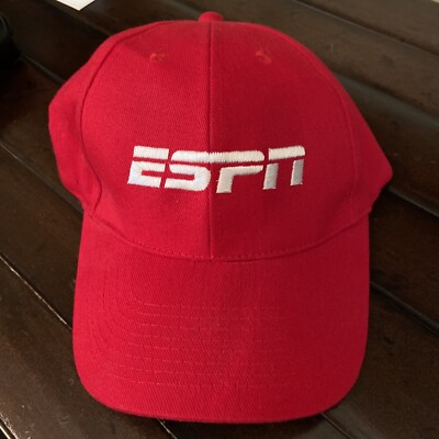 ESPN White Logo Hat Cap 100% Cotton, Adjustable Back, Unisex Adult, Red, 6 Panel