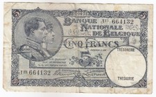 Belgium, 5 Francs, 1931, P97, VF+