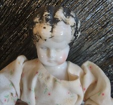 Antique RARE GERMAN Hertwig Low brow Porcelain China Doll. 10" Original Dress