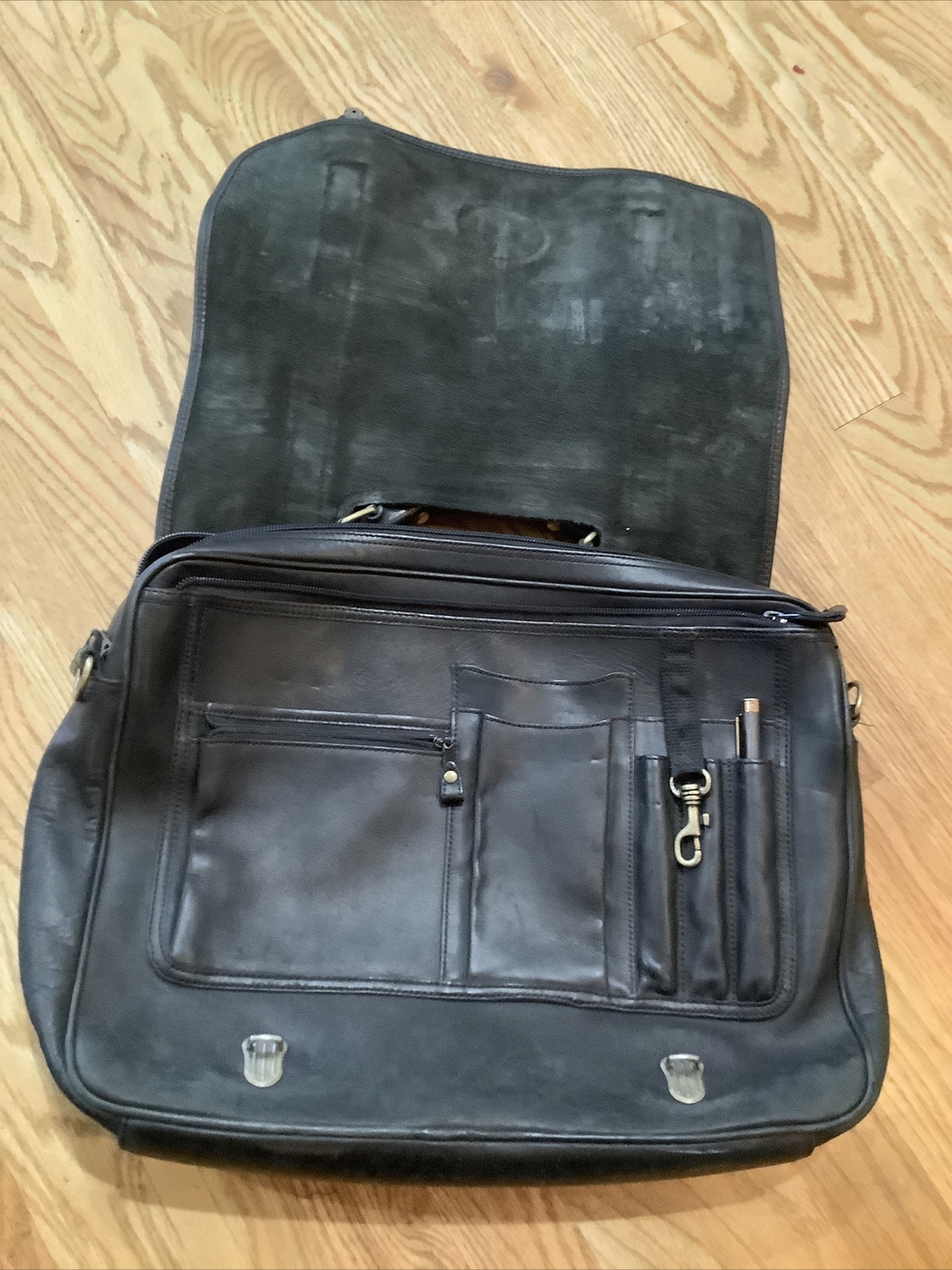 Eddie Bauer Black Leather Carry All Bag Heavy Duty Business Briefcase