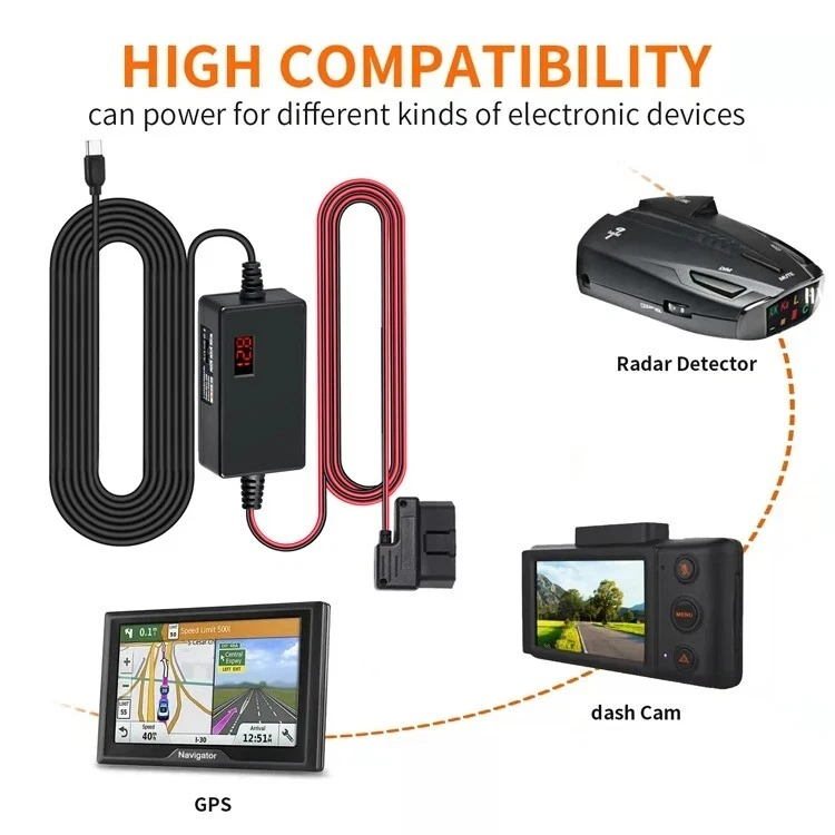 Kit de fio rígido Dash Cam OBD cabo de alimentação MINI USB C porta 10 pés 12V-24V a 5V para Das - Imagem 2 de 4