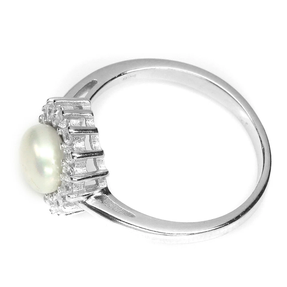 Anillo redondo de plata de ley 925 con perlas blancas de 7 mm circonita simulada blanca Foto 4 de 4
